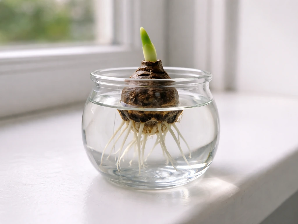 Single alocasia corm sprouting in clear water with visible roots and a first green shoot.