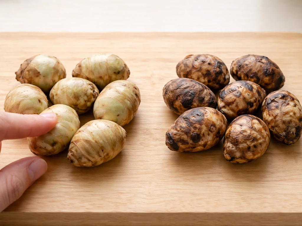 Alocasia corms arranged side-by-side: firm pale ones versus soft dark blemished ones on a wooden table.