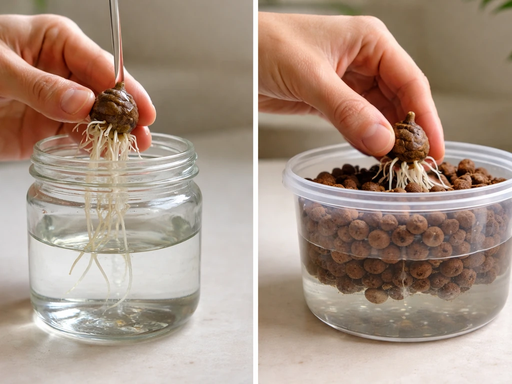 Hands gently rinsing alocasia roots, transitioning from a water jar into a clear LECA reservoir container.