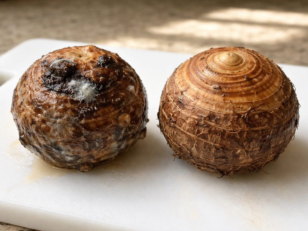 Two side-by-side corms: one mushy with dark rot and faint mold, the other firm and healthy on a cutting board.