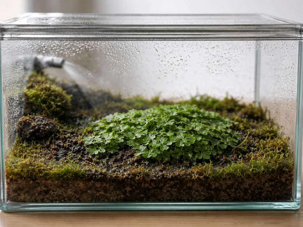 Small enclosed glass terrarium with damp substrate and a patch of liverwort inside, condensation on glass.