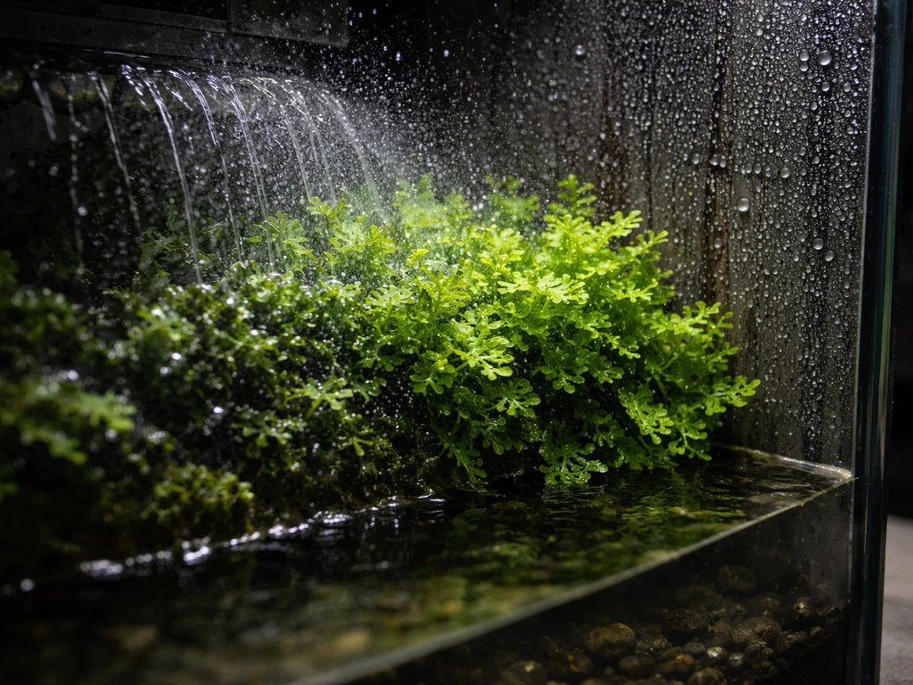 Aquarium splash zone with filter spray hitting a vertical panel, liverwort thriving in moist air.