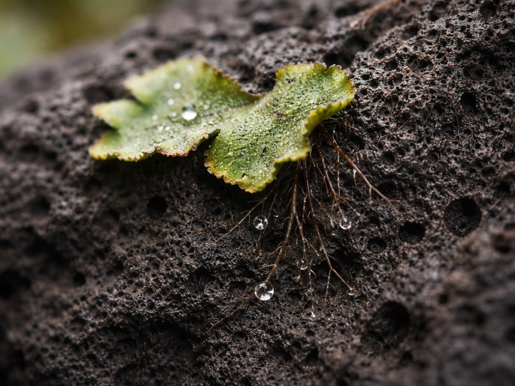 Close-up of a small liverwort fragment pressed onto porous lava rock texture with visible moisture
