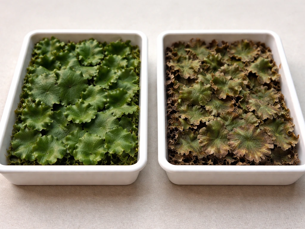Side-by-side close-up of healthy green liverwort vs curling, browning dried thallus.