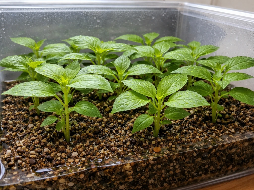 Close-up of an emersed grow container showing correct waterline and seedlings seated in substrate.