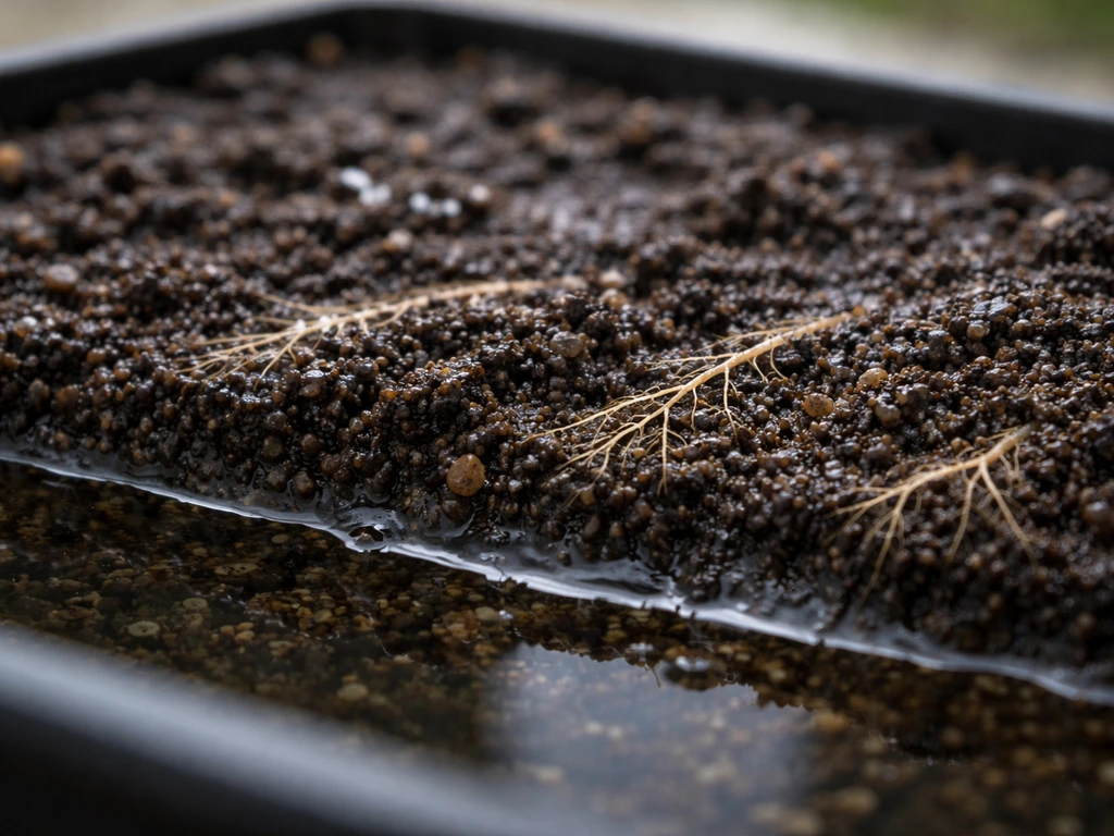 Macro close-up of moist aquasoil in a tray with a subtle waterline and roots at correct depth.