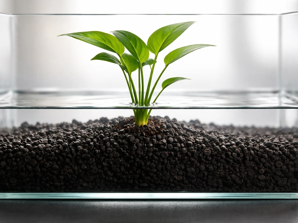 Cross-section style view of a plant in a tank with water reaching into substrate, leaves kept above water.