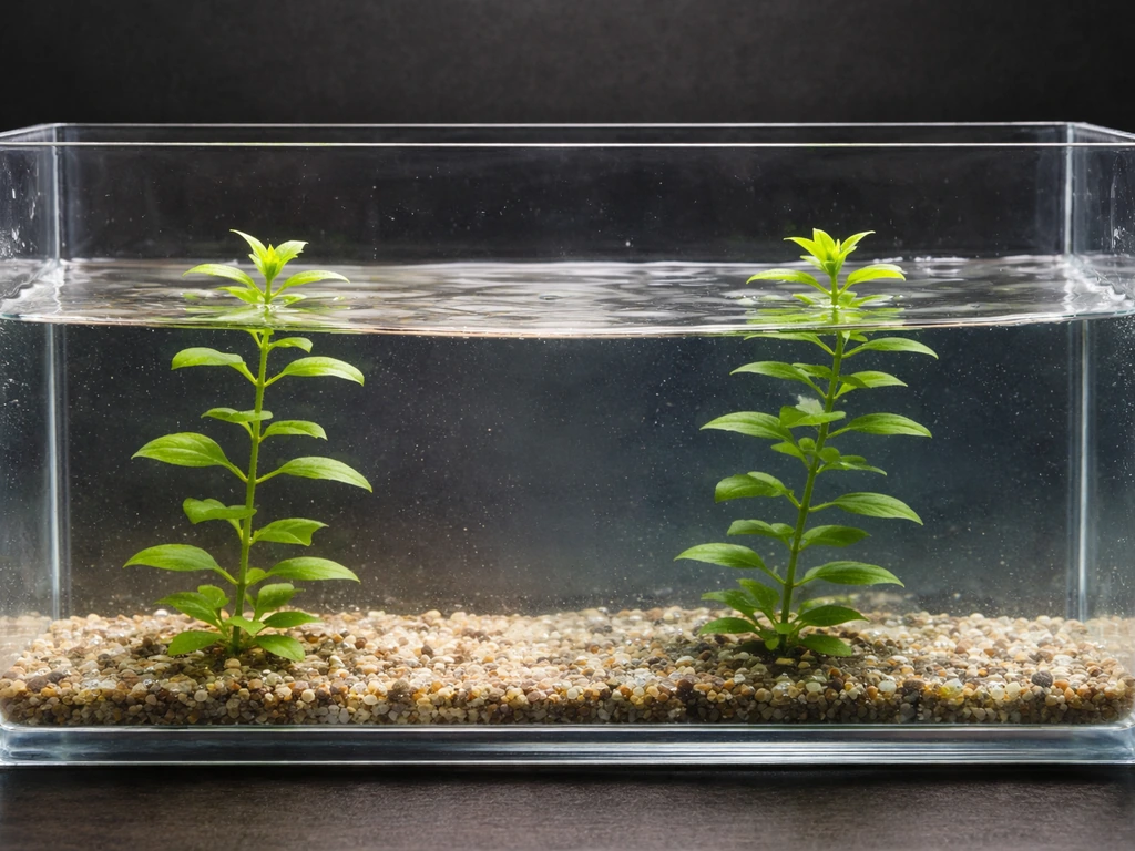 Close-up of aquatic plant container showing water level raised from mostly above surface to more fully submerged.