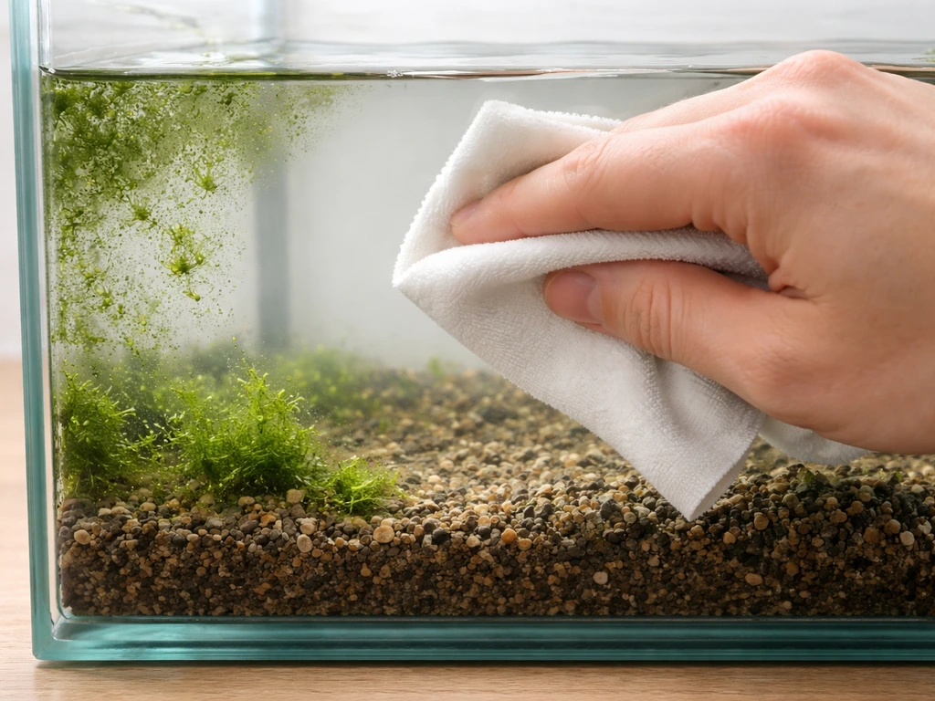 Hand wiping green algae off an emersed aquarium container glass with minimal plant substrate in view