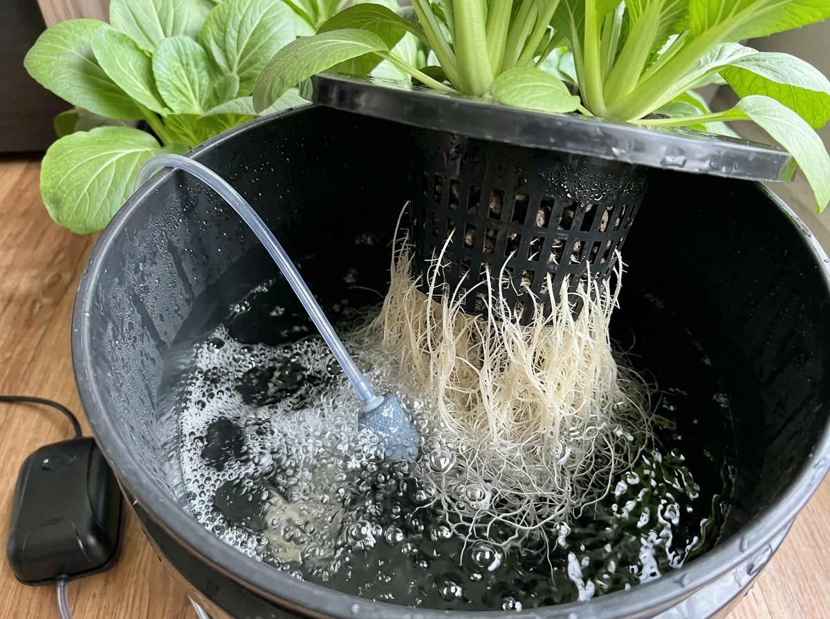 Air stone and diffuser in DWC reservoir with hanging roots