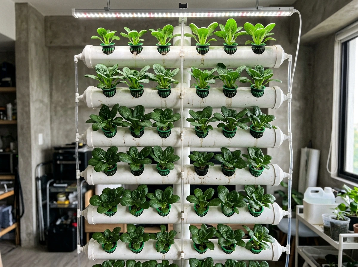 LED grow lights over vertical pechay tower with healthy spacing