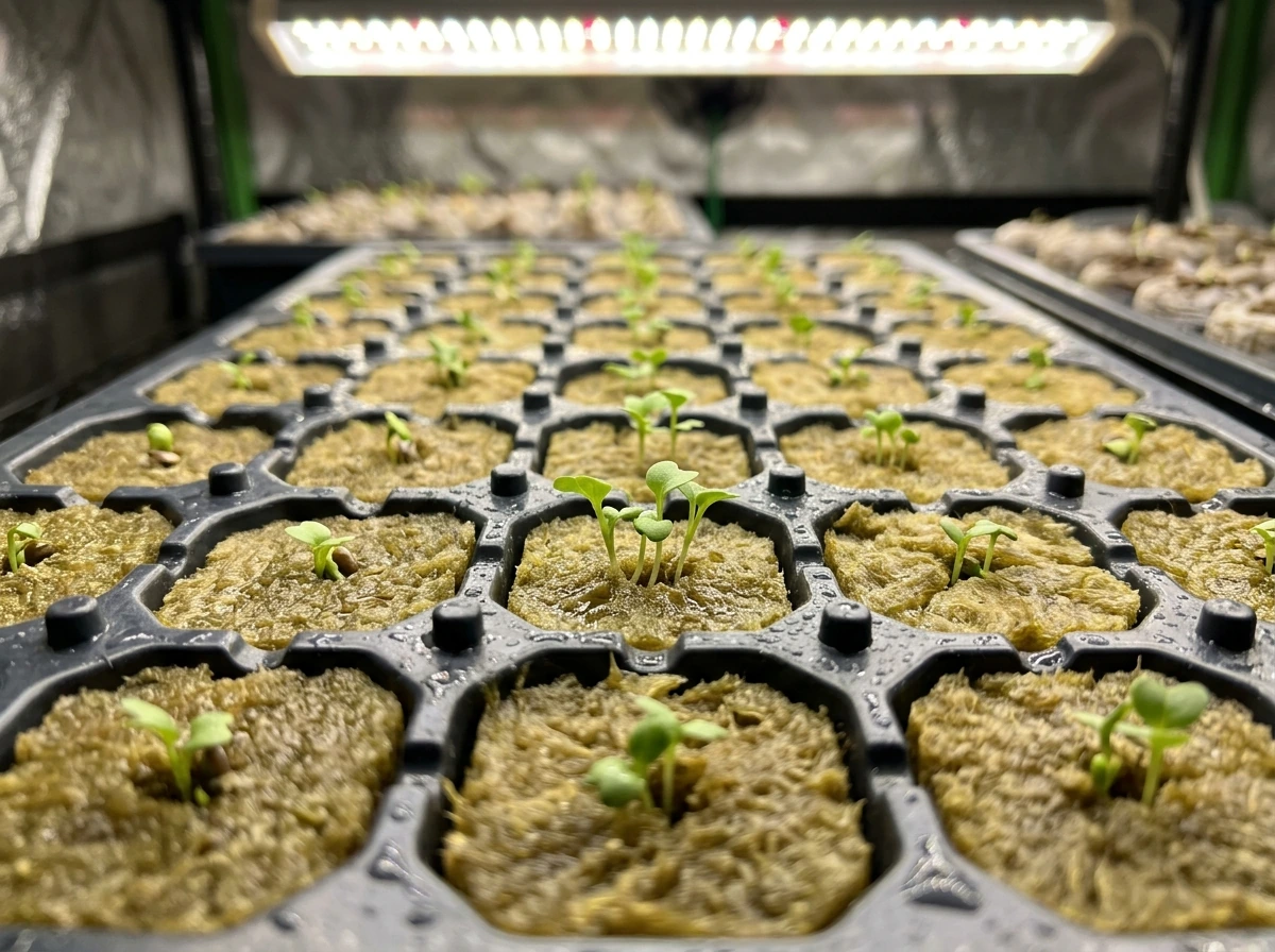 Rockwool seed cubes with pechay seeds starting to sprout under grow light