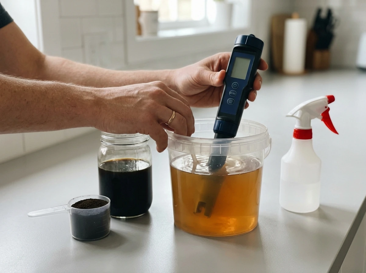 Mixing hydroponic nutrient solution with pH/EC meter at the reservoir