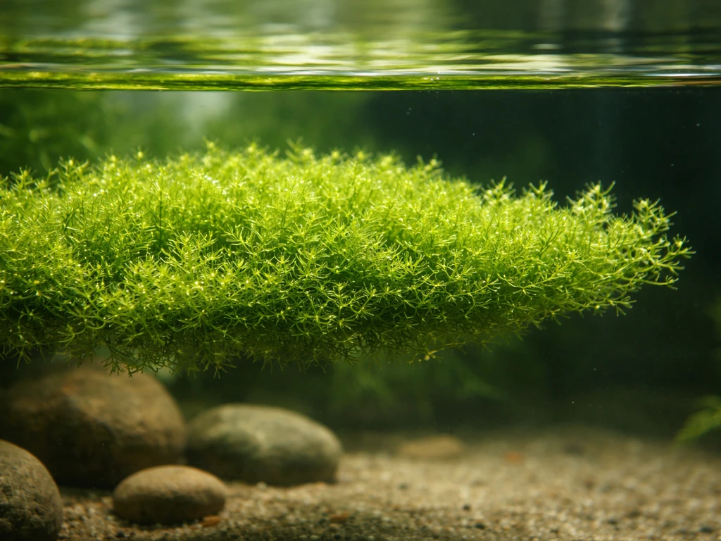 Vibrant Riccia fluitans mat in a freshwater aquarium, lush green branching near the surface.