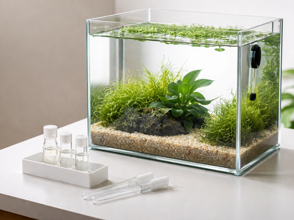 Minimal aquarium with water testing tools and floating Riccia fluitans to suggest pH and temperature targets.