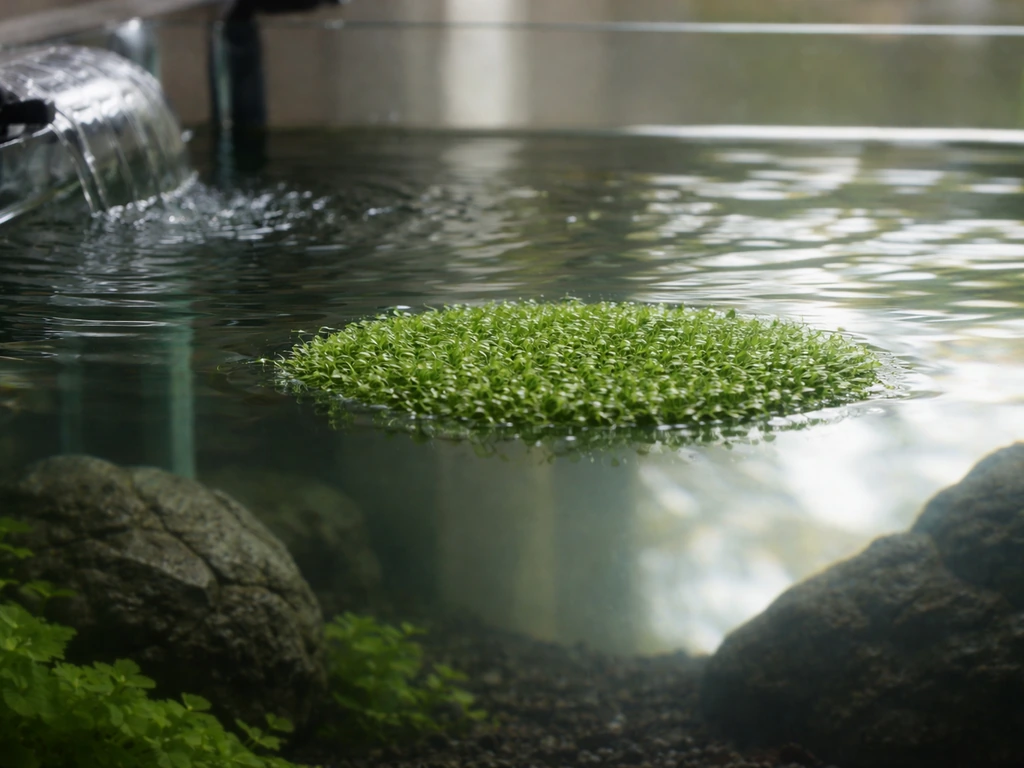 Aquarium tank with gentle, diffused surface flow and intact Riccia mat floating calmly under light