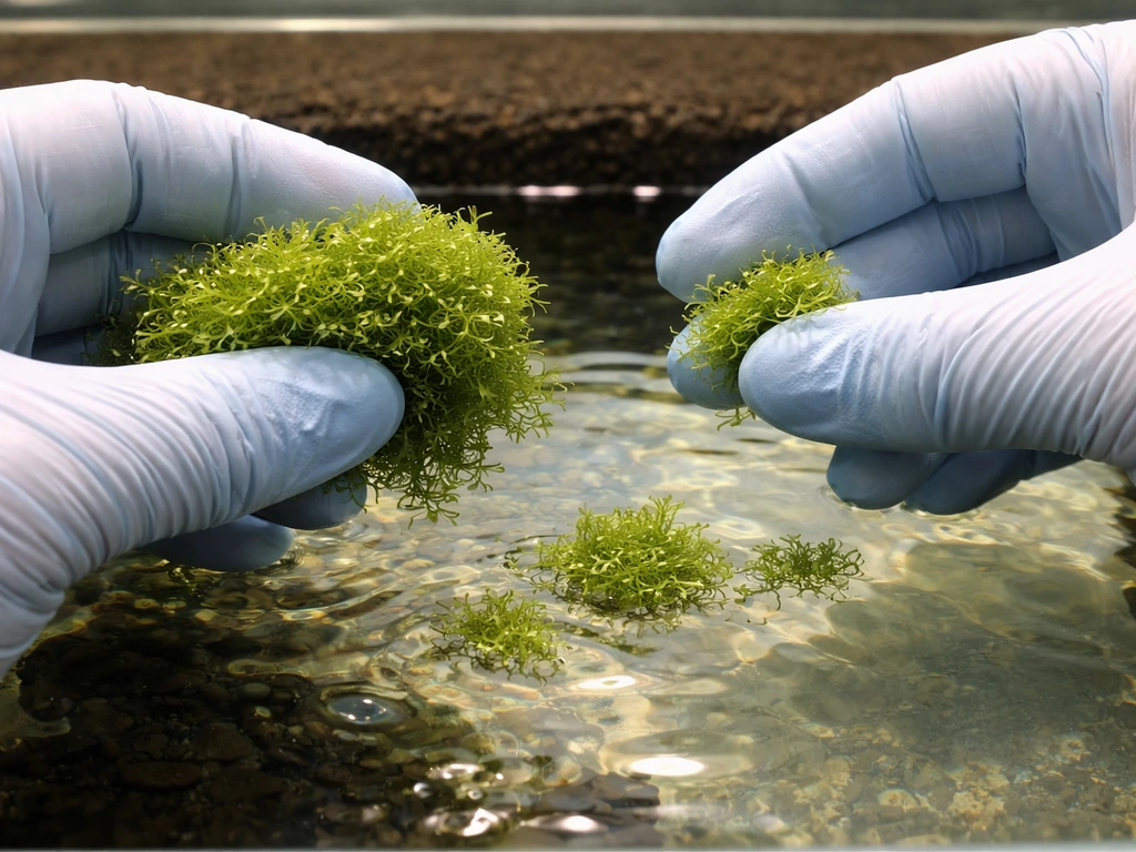 Gloved hands separating a Riccia fluitans clump into small fragments in a shallow aquarium.