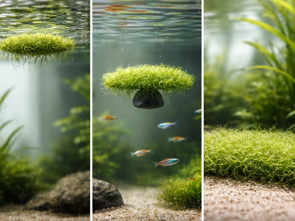 Aquarium showing three Riccia placements: floating mat, mid-tank attached, and anchored foreground carpet.