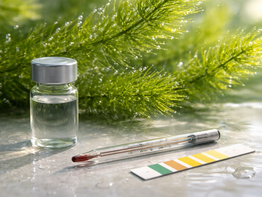 Close-up of hornwort stems with a thermometer, pH test strip, and water-sample vial on a wet surface.