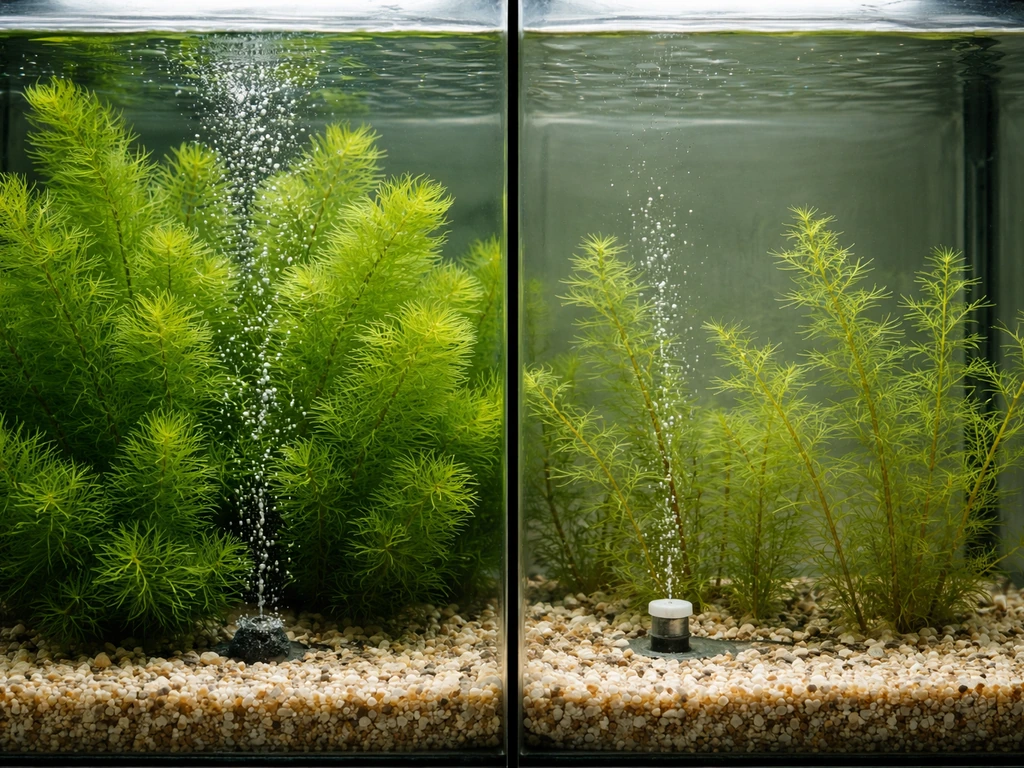 Split aquarium view: lush green hornwort on one side, sparse pale hornwort on the other with CO2 bubbles.