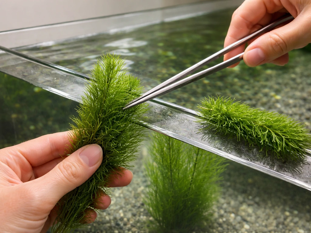 Close-up of hornwort in an aquarium being trimmed with scissors and tweezers, showing pruned bunches.