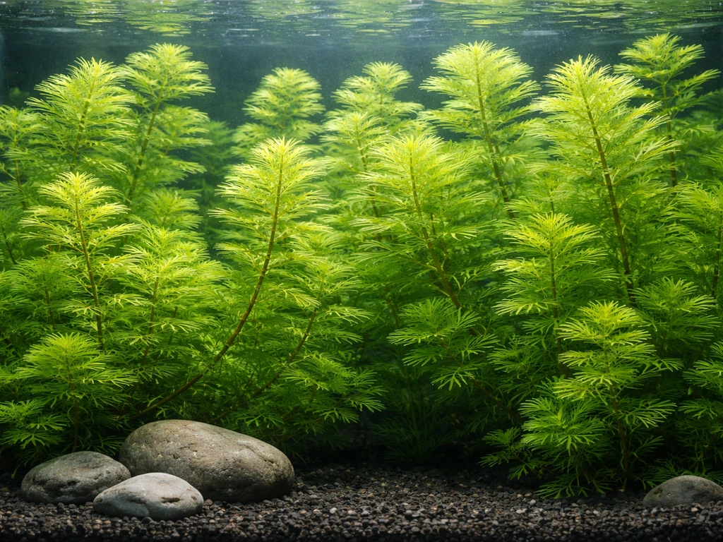 Lush cabomba fanwort in a bright aquarium, with feathery stems and whorled leaves filling the background.