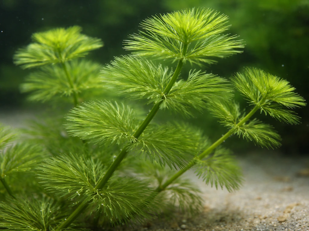 Close-up of healthy cabomba fanwort leaves and stem nodes in clear aquarium water