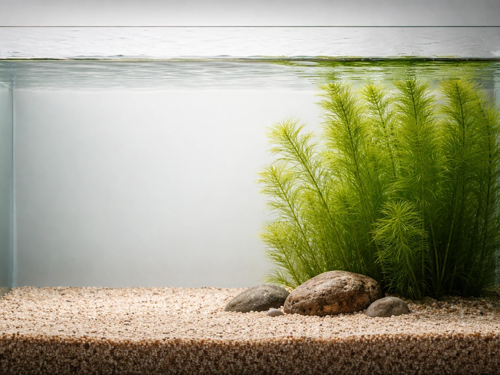 Aquarium tank side view showing deep water, background cabomba-like plants, visible substrate and waterline depth.