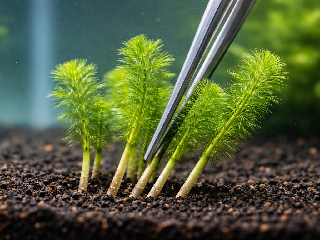 Cabomba stems inserted into aquarium substrate, bottom leaves removed so nodes can root.