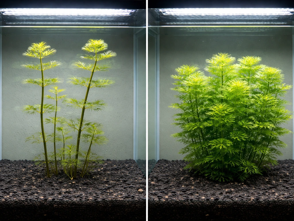 Two cabomba plants in one aquarium: one sparse and leggy, one dense and compact, under a visible light fixture.