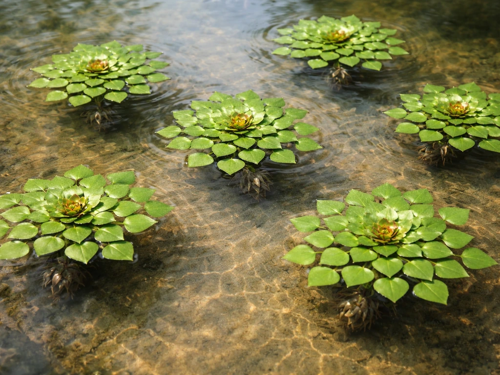 Overhead view of water caltrop rosettes floating on pond water with submerged spiky nuts near leaf nodes.