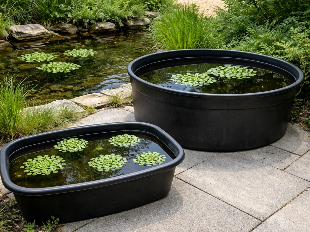 Three water garden setups side by side: pond edge, HDPE stock tank, and a small container with caltrop rosettes.
