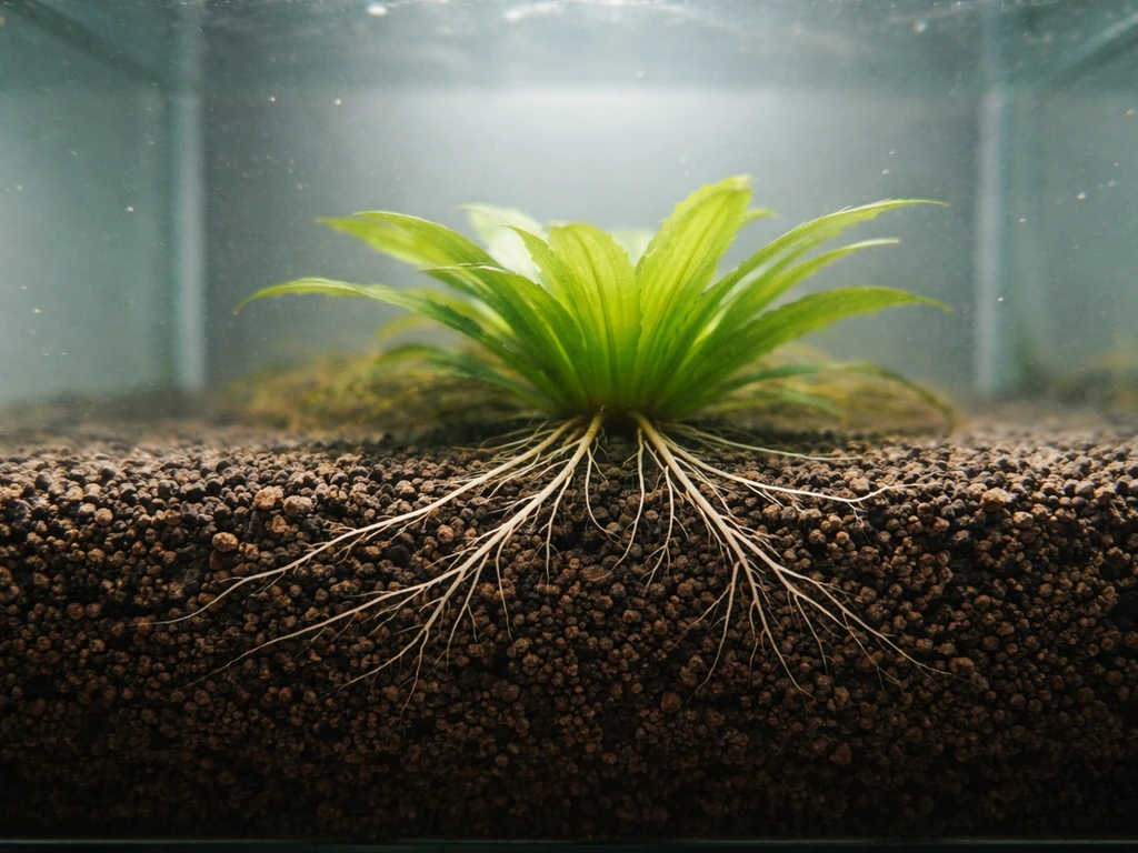 Underwater close-up of aquatic planting soil with a rosette plant anchored by roots under clear water.
