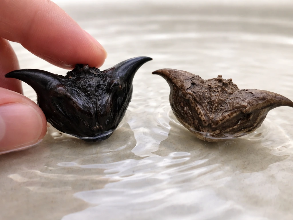 Close-up of two water caltrop nuts in clear water: one dark intact spined, one lighter damaged.