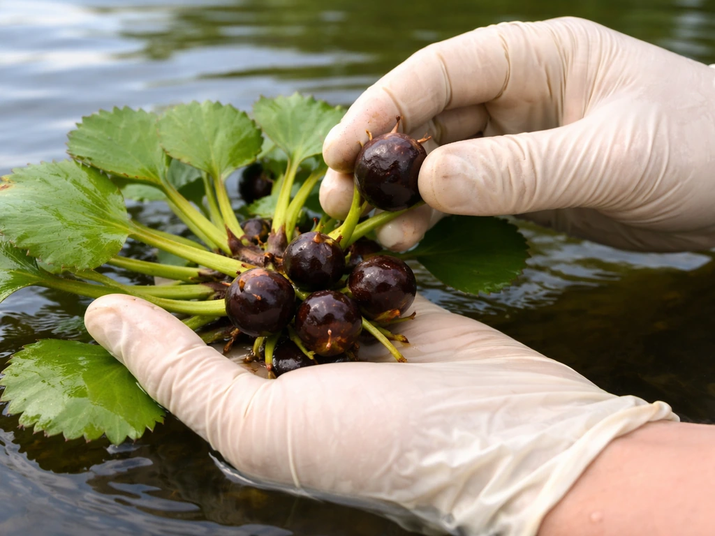 Gloved hands detaching dark ripe nuts from under a floating rosette above still water