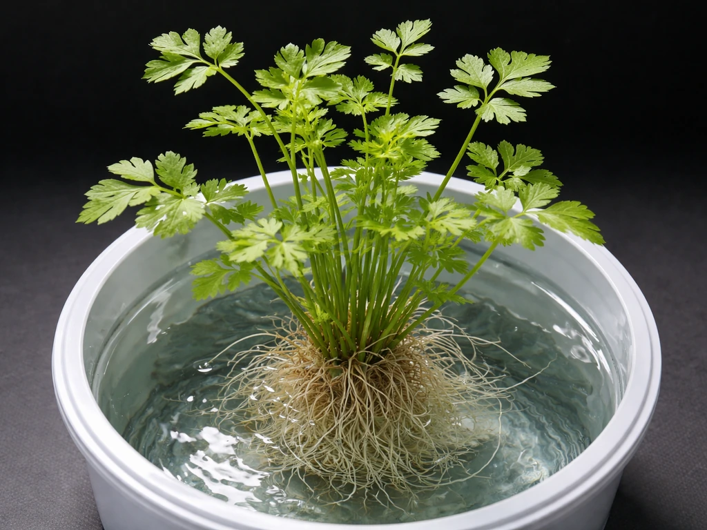 Overhead view of water dropwort in a hydroponic setup with roots in clear water and green stems above.