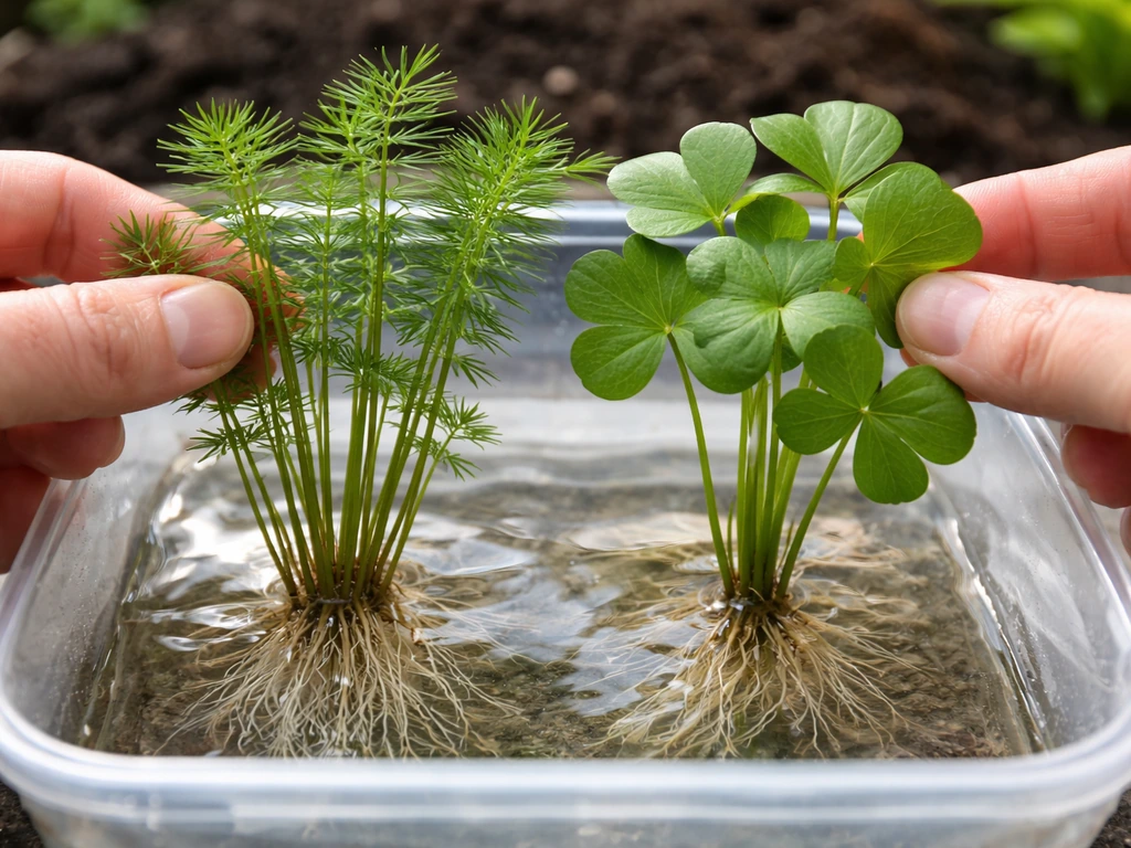 Two lookalike water plants in shallow water, close-up showing stem and leaf differences.