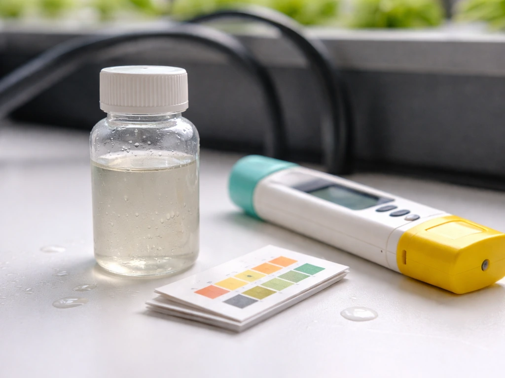Macro view of hydroponic tank water sample with pH test strip and a digital meter beside it.