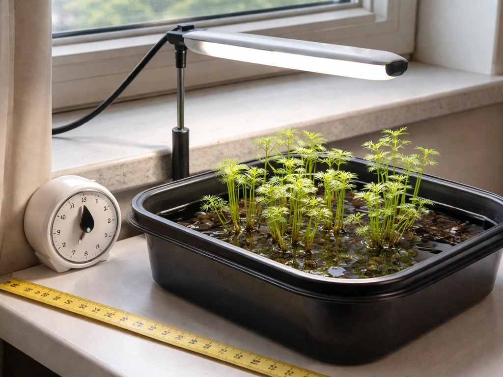 Indoor water reservoir with water plants beside a window and an LED grow light, with a nearby timer.