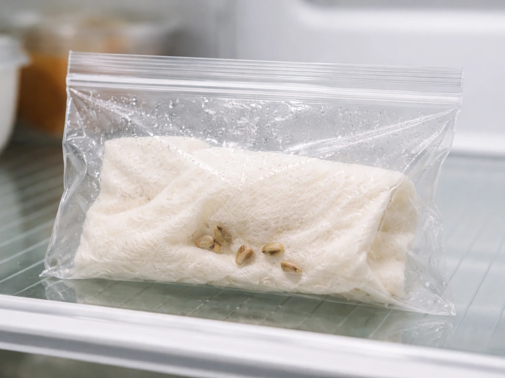 Damp paper towel with visible seeds sealed in a bag on a refrigerator shelf for cold stratification.