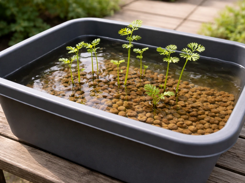 Opaque tub pond with dechlorinated water and clay pebbles, water dropwort cuttings anchored and stems emerging.