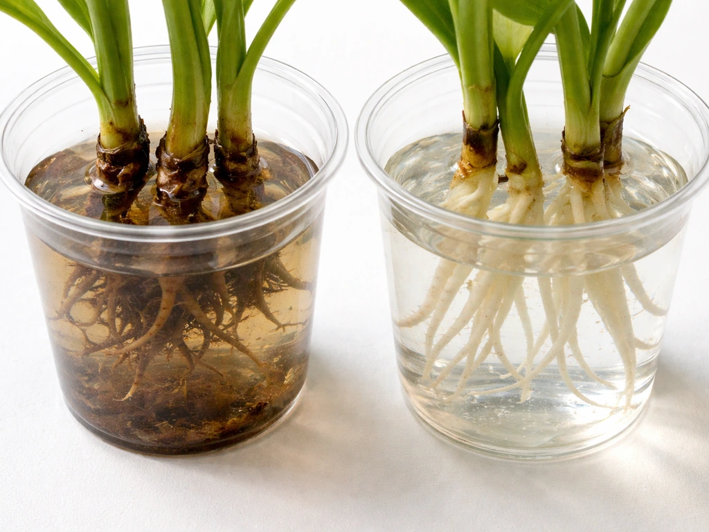 Side-by-side containers showing mushy brown root rot on one side and firm white healthy roots on the other.
