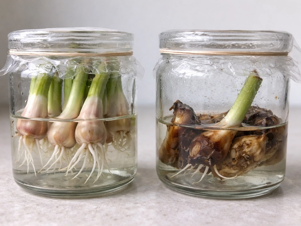Side-by-side jars showing healthy firm propagules with roots vs soft brown mushy rot.