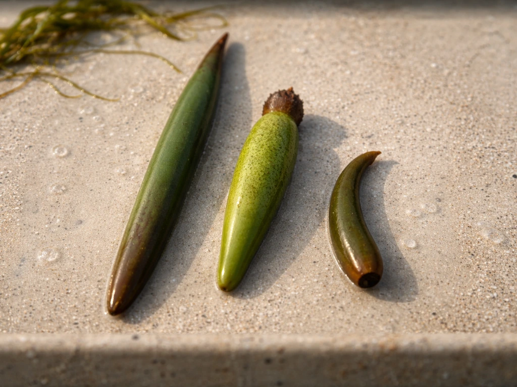 Three different mangrove propagules laid on wet sand, comparing Rhizophora, Avicennia, and Laguncularia shapes.