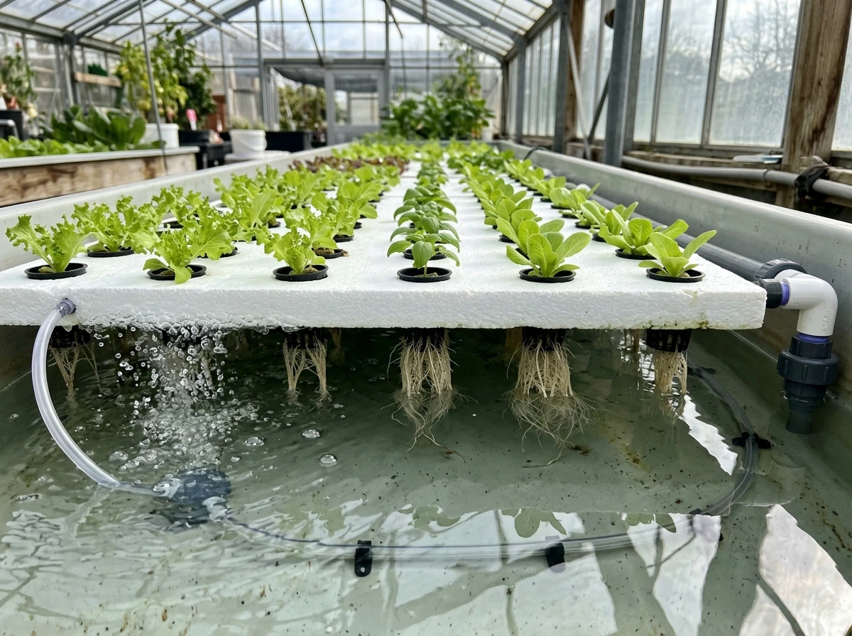 Deep water culture raft with seedlings floating in aerated fish-water