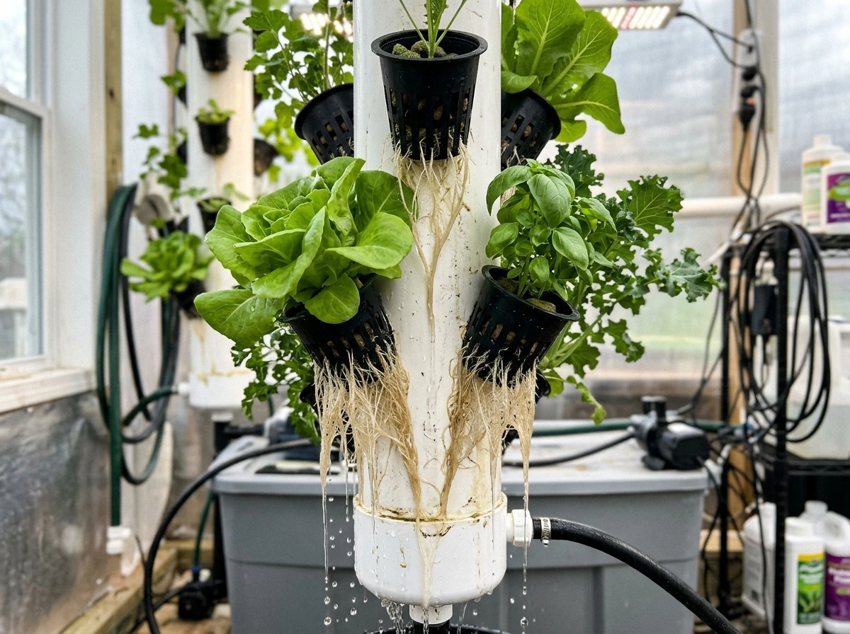 Vertical grow towers or NFT channels with continuous thin water flow over roots