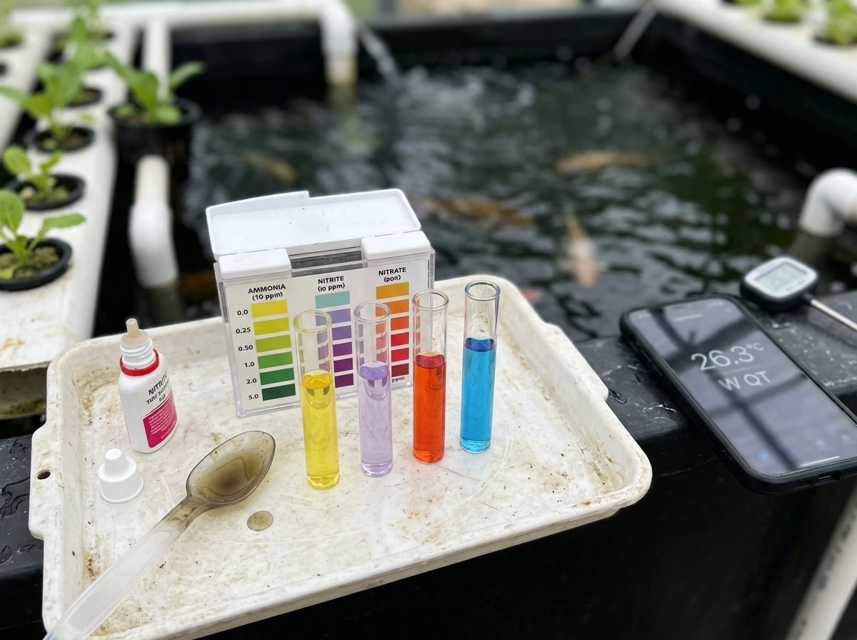 Water testing kit showing nitrite and ammonia results near an aquaponics tank