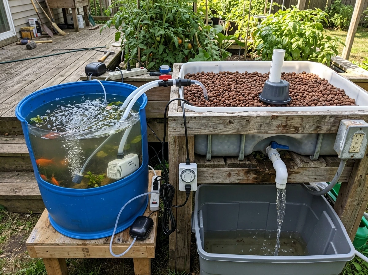 Building aquaponics components connected with pump, timer, and plumbing to grow bed