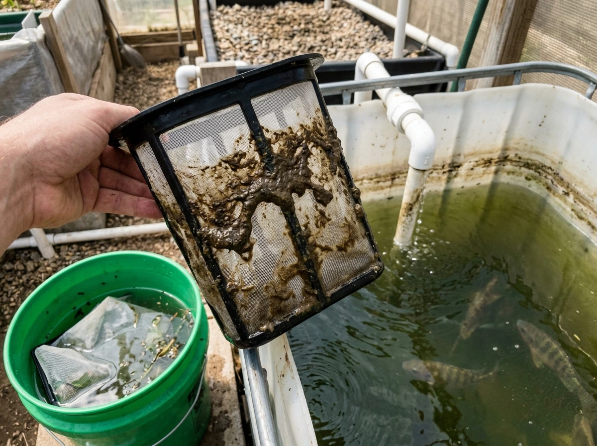 Clogged filter and solids buildup in sump screen or pre-filter