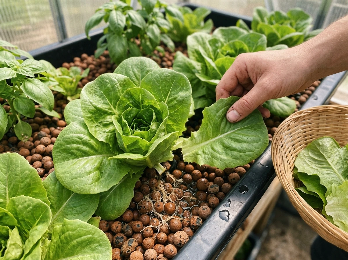 Harvested leafy greens from media bed with roots and intact growing center